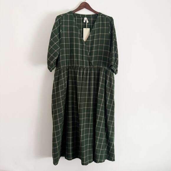 PACT Fireside Flannel Crossover Midi Dress Mountain View Check Green XL - Picture 5 of 13